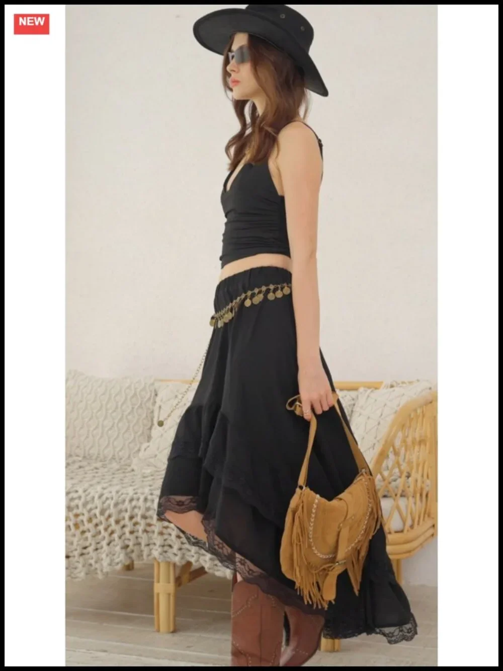 Women's Western Cowgirl Boho Lace Skirt Flowy Country Concert Outfit